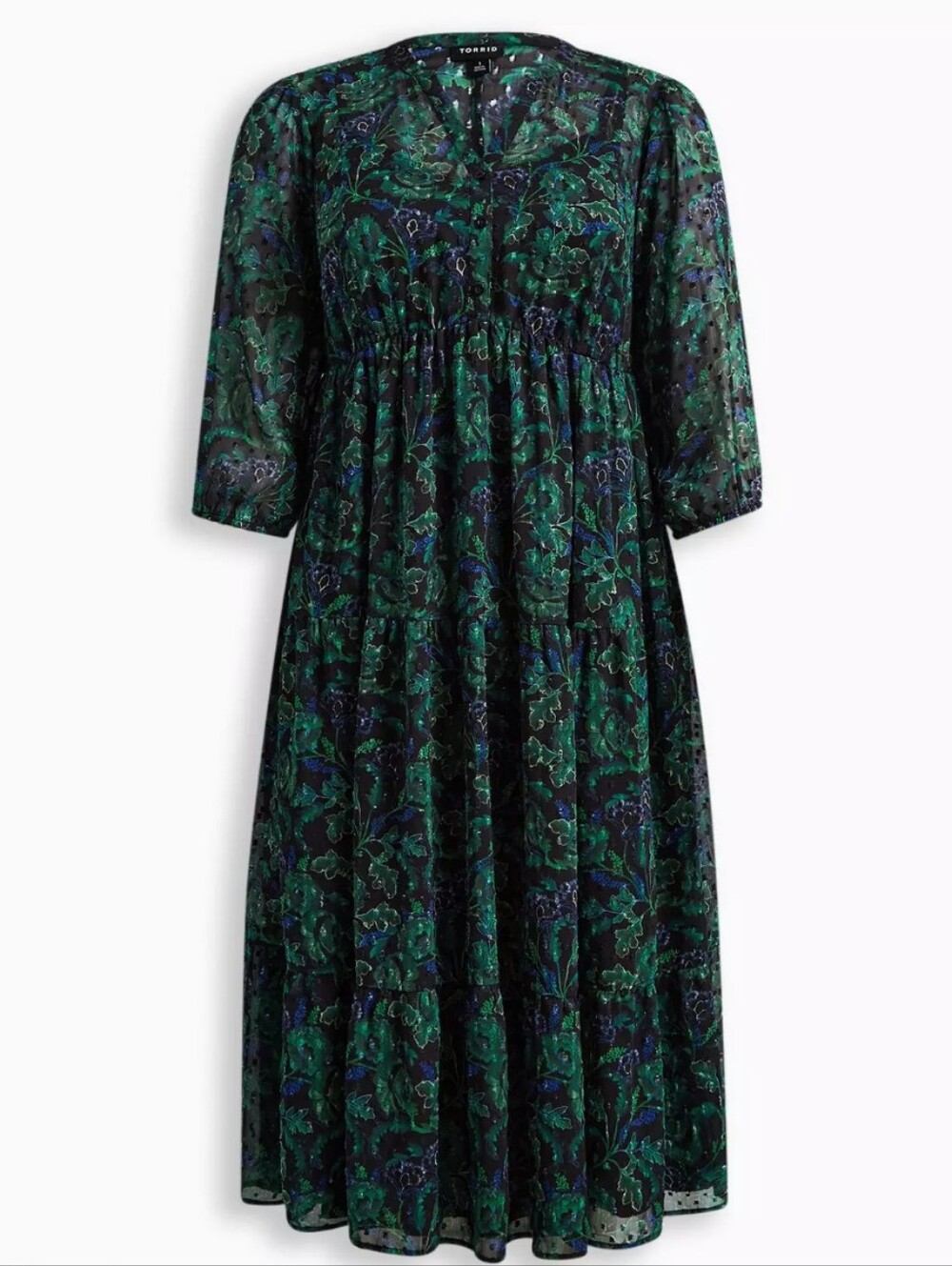 Torrid Green Floral Chiffon Tiered Midi Dress